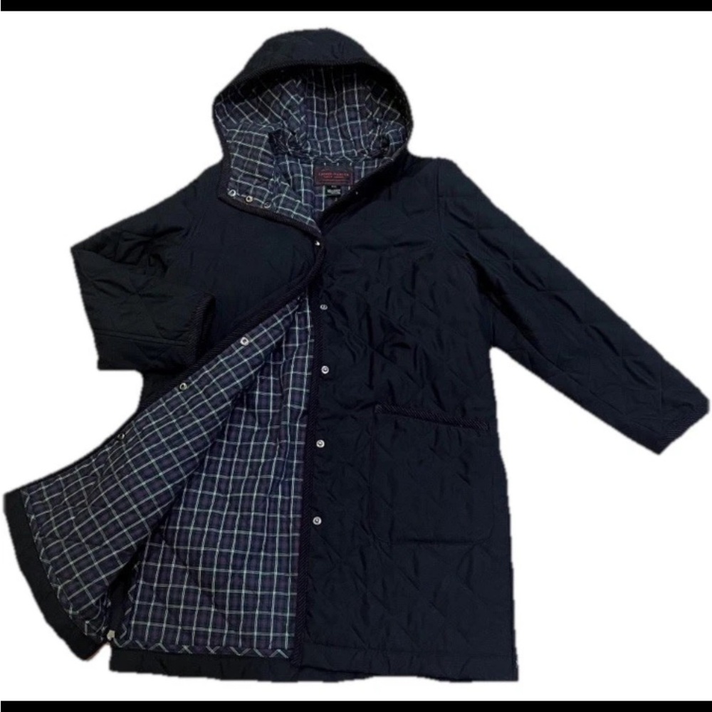 VTG Lauren Ralph Lauren Black Quilted Hooded Snap Utility Barn Coat Plaid Lining